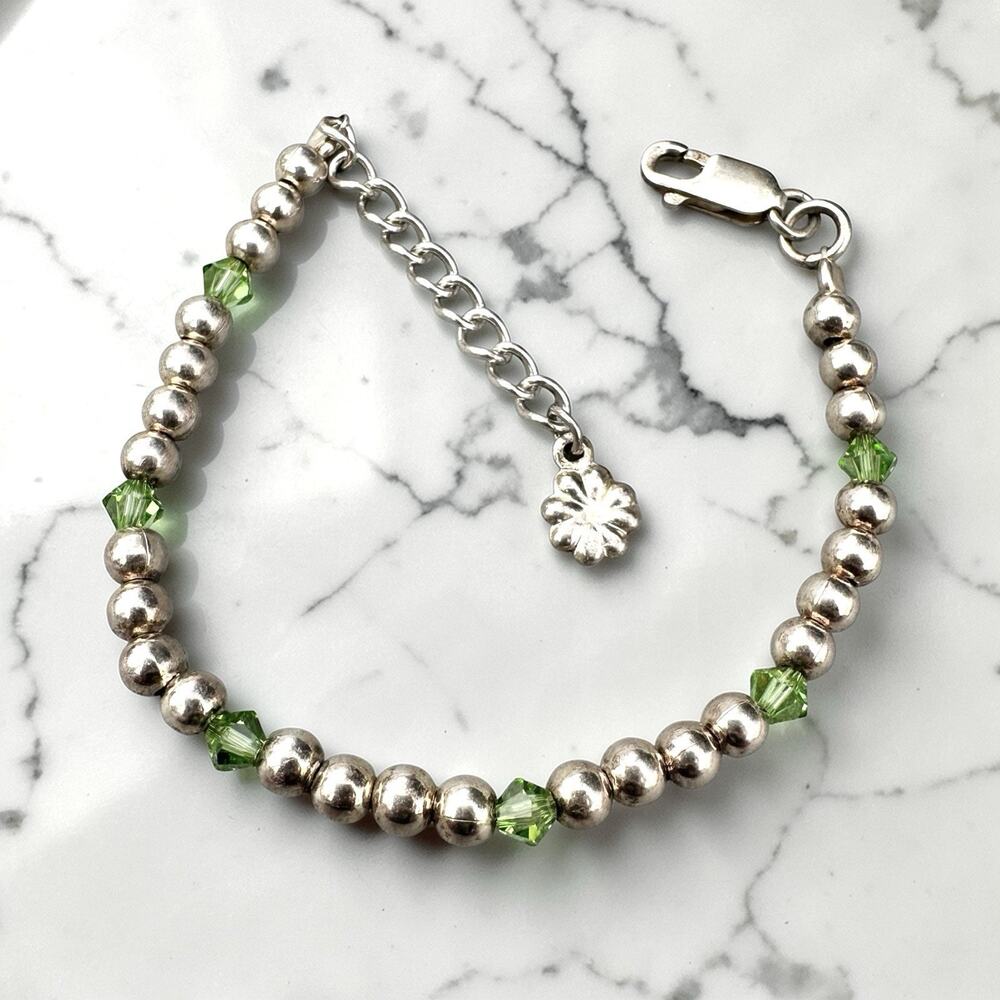 Sterling Silver Ball Bracelet Shamrock Green Crystal 925 Beaded 3mm Balls 6-7”